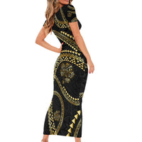 Hawaiian Kakau Art and Hisbiscus Tattoo Family Matching Short Sleeve Bodycon Dress and Hawaiian Shirt Tribal Pattern-Gold Style - Polynesian Pride