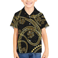 Hawaiian Kakau Art and Hisbiscus Tattoo Family Matching Short Sleeve Bodycon Dress and Hawaiian Shirt Tribal Pattern-Gold Style - Polynesian Pride