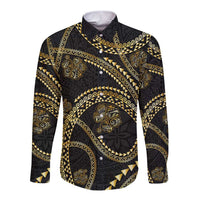 Hawaiian Kakau Art and Hisbiscus Tattoo Long Sleeve Button Shirt Tribal Pattern-Gold Style - Polynesian Pride