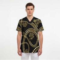 Hawaiian Kakau Art and Hisbiscus Tattoo Scrub Top Tribal Pattern-Gold Style - Polynesian Pride