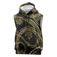 Hawaiian Kakau Art and Hisbiscus Tattoo Sleeveless Zip Hoodie Tribal Pattern-Gold Style LT03 Black - Polynesian Pride