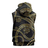 Hawaiian Kakau Art and Hisbiscus Tattoo Sleeveless Zip Hoodie Tribal Pattern-Gold Style - Polynesian Pride
