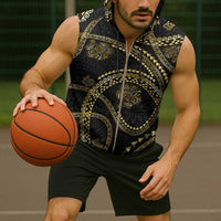 Hawaiian Kakau Art and Hisbiscus Tattoo Sleeveless Zip Hoodie Tribal Pattern-Gold Style LT03 - Polynesian Pride