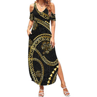 Hawaiian Kakau Art and Hisbiscus Tattoo Summer Maxi Dress Tribal Pattern-Gold Style - Polynesian Pride