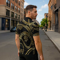 Hawaiian Kakau Art and Hisbiscus Tattoo Zipper Polo Shirt Tribal Pattern-Gold Style - Polynesian Pride