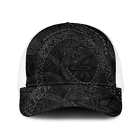 Hawaiian Kakau Art and Hisbiscus Tattoo Baseball Net Cap Tribal Pattern-Black Gradient Style LT03 One Size White Black - Polynesian Pride
