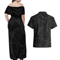 Hawaiian Kakau Art and Hisbiscus Tattoo Couples Matching Off Shoulder Maxi Dress and Hawaiian Shirt Tribal Pattern-Black Gradient Style - Polynesian Pride