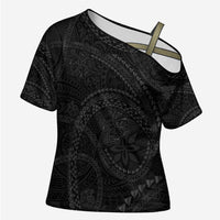 Hawaiian Kakau Art and Hisbiscus Tattoo Cross Shoulder Shirt Tribal Pattern-Black Gradient Style - Polynesian Pride