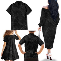 Hawaiian Kakau Art and Hisbiscus Tattoo Family Matching Off The Shoulder Long Sleeve Dress and Hawaiian Shirt Tribal Pattern-Black Gradient Style - Polynesian Pride