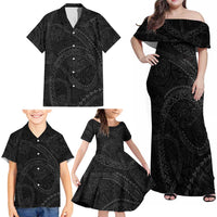Hawaiian Kakau Art and Hisbiscus Tattoo Family Matching Off Shoulder Maxi Dress and Hawaiian Shirt Tribal Pattern-Black Gradient Style - Polynesian Pride
