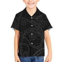 Hawaiian Kakau Art and Hisbiscus Tattoo Kid Hawaiian Shirt Tribal Pattern-Black Gradient Style - Polynesian Pride