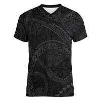 Hawaiian Kakau Art and Hisbiscus Tattoo Women V-Neck T-Shirt Tribal Pattern-Black Gradient Style - Polynesian Pride
