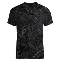 Hawaiian Kakau Art and Hisbiscus Tattoo Women V-Neck T-Shirt Tribal Pattern-Black Gradient Style - Polynesian Pride