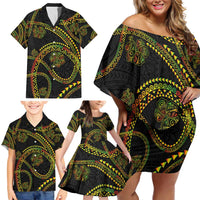 Hawaiian Kakau Art and Hisbiscus Tattoo Family Matching Off Shoulder Short Dress and Hawaiian Shirt Tribal Pattern-Reggae Style - Polynesian Pride