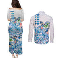 Hawaiian Abstract Sea Turtle Couples Matching Puletasi and Long Sleeve Button Shirt Polynesian Tapa Art and Kakau Tattoo White WaterColor - Polynesian Pride