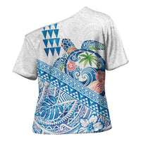 Hawaiian Abstract Sea Turtle Cross Shoulder Shirt Polynesian Tapa Art and Kakau Tattoo White WaterColor - Polynesian Pride