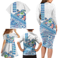 Hawaiian Abstract Sea Turtle Family Matching Long Sleeve Bodycon Dress and Hawaiian Shirt Polynesian Tapa Art and Kakau Tattoo White WaterColor - Polynesian Pride