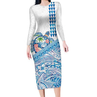 Hawaiian Abstract Sea Turtle Family Matching Long Sleeve Bodycon Dress and Hawaiian Shirt Polynesian Tapa Art and Kakau Tattoo White WaterColor - Polynesian Pride