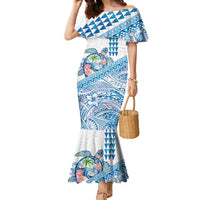 Hawaiian Abstract Sea Turtle Family Matching Mermaid Dress and Hawaiian Shirt Polynesian Tapa Art and Kakau Tattoo White WaterColor - Polynesian Pride