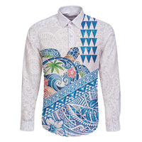 Hawaiian Abstract Sea Turtle Family Matching Off Shoulder Short Dress and Hawaiian Shirt Polynesian Tapa Art and Kakau Tattoo White WaterColor - Polynesian Pride