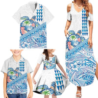 Hawaiian Abstract Sea Turtle Family Matching Summer Maxi Dress and Hawaiian Shirt Polynesian Tapa Art and Kakau Tattoo White WaterColor - Polynesian Pride