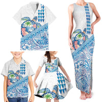 Hawaiian Abstract Sea Turtle Family Matching Tank Maxi Dress and Hawaiian Shirt Polynesian Tapa Art and Kakau Tattoo White WaterColor - Polynesian Pride