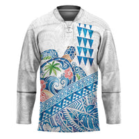 Hawaiian Abstract Sea Turtle Hockey Jersey Polynesian Tapa Art and Kakau Tattoo White WaterColor LT03 Unisex White - Polynesian Pride