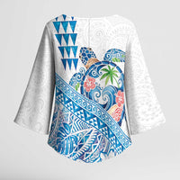 Hawaiian Abstract Sea Turtle Kimono Sleeve Blouse Polynesian Tapa Art and Kakau Tattoo White WaterColor - Polynesian Pride