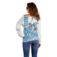Hawaiian Abstract Sea Turtle Off Shoulder Sweater Polynesian Tapa Art and Kakau Tattoo White WaterColor - Polynesian Pride