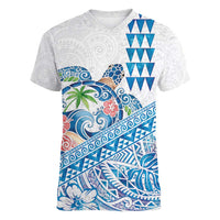 Hawaiian Abstract Sea Turtle Women V-Neck T-Shirt Polynesian Tapa Art and Kakau Tattoo White WaterColor - Polynesian Pride