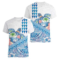 Hawaiian Abstract Sea Turtle Women V-Neck T-Shirt Polynesian Tapa Art and Kakau Tattoo White WaterColor - Polynesian Pride