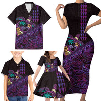 Hawaiian Abstract Sea Turtle Family Matching Short Sleeve Bodycon Dress and Hawaiian Shirt Polynesian Tapa Art and Kakau Tattoo Purple WaterColor - Polynesian Pride