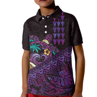 Hawaiian Abstract Sea Turtle Kid Polo Shirt Polynesian Tapa Art and Kakau Tattoo Purple WaterColor - Polynesian Pride