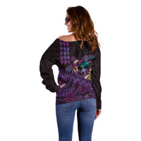 Hawaiian Abstract Sea Turtle Off Shoulder Sweater Polynesian Tapa Art and Kakau Tattoo Purple WaterColor - Polynesian Pride