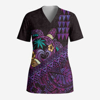 Hawaiian Abstract Sea Turtle Scrub Top Polynesian Tapa Art and Kakau Tattoo Purple WaterColor - Polynesian Pride