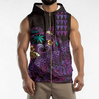 Hawaiian Abstract Sea Turtle Sleeveless Zip Hoodie Polynesian Tapa Art and Kakau Tattoo Purple WaterColor LT03 - Polynesian Pride