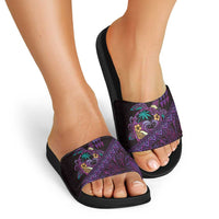 Hawaiian Abstract Sea Turtle Slide Sandals Polynesian Tapa Art and Kakau Tattoo Purple WaterColor - Polynesian Pride