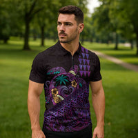 Hawaiian Abstract Sea Turtle Zipper Polo Shirt Polynesian Tapa Art and Kakau Tattoo Purple WaterColor - Polynesian Pride