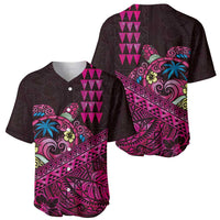 Hawaiian Abstract Sea Turtle Baseball Jersey Polynesian Tapa Art and Kakau Tattoo Pink WaterColor - Polynesian Pride