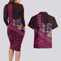 Hawaiian Abstract Sea Turtle Couples Matching Long Sleeve Bodycon Dress and Hawaiian Shirt Polynesian Tapa Art and Kakau Tattoo Pink WaterColor - Polynesian Pride
