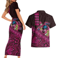 Hawaiian Abstract Sea Turtle Couples Matching Short Sleeve Bodycon Dress and Hawaiian Shirt Polynesian Tapa Art and Kakau Tattoo Pink WaterColor - Polynesian Pride