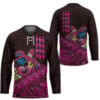 Hawaiian Abstract Sea Turtle Hockey Jersey Polynesian Tapa Art and Kakau Tattoo Pink WaterColor - Polynesian Pride