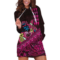 Hawaiian Abstract Sea Turtle Hoodie Dress Polynesian Tapa Art and Kakau Tattoo Pink WaterColor - Polynesian Pride