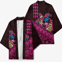 Hawaiian Abstract Sea Turtle Kimono Polynesian Tapa Art and Kakau Tattoo Pink WaterColor - Polynesian Pride