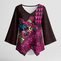 Hawaiian Abstract Sea Turtle Kimono Sleeve Blouse Polynesian Tapa Art and Kakau Tattoo Pink WaterColor - Polynesian Pride