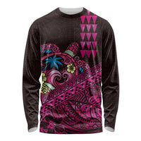 Hawaiian Abstract Sea Turtle Long Sleeve Shirt Polynesian Tapa Art and Kakau Tattoo Pink WaterColor - Polynesian Pride