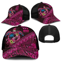 Hawaiian Abstract Sea Turtle Mesh Trucker Cap Polynesian Tapa Art and Kakau Tattoo Pink WaterColor - Polynesian Pride