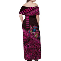 Hawaiian Abstract Sea Turtle Off Shoulder Maxi Dress Polynesian Tapa Art and Kakau Tattoo Pink WaterColor - Polynesian Pride