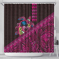 Hawaiian Abstract Sea Turtle Shower Curtain Polynesian Tapa Art and Kakau Tattoo Pink WaterColor - Polynesian Pride
