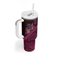 Hawaiian Abstract Sea Turtle Tumbler With Handle Polynesian Tapa Art and Kakau Tattoo Pink WaterColor - Polynesian Pride